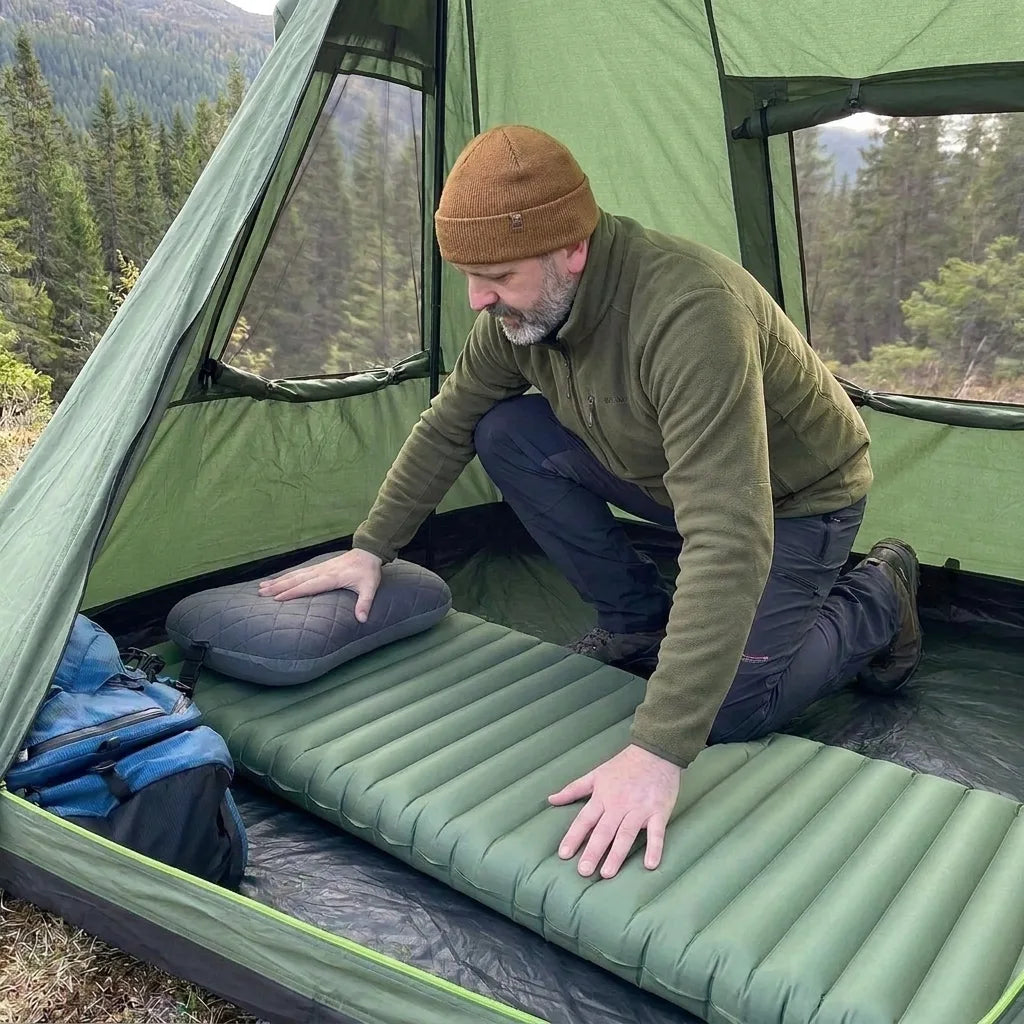 Oreiller sur le matelas dans la tente