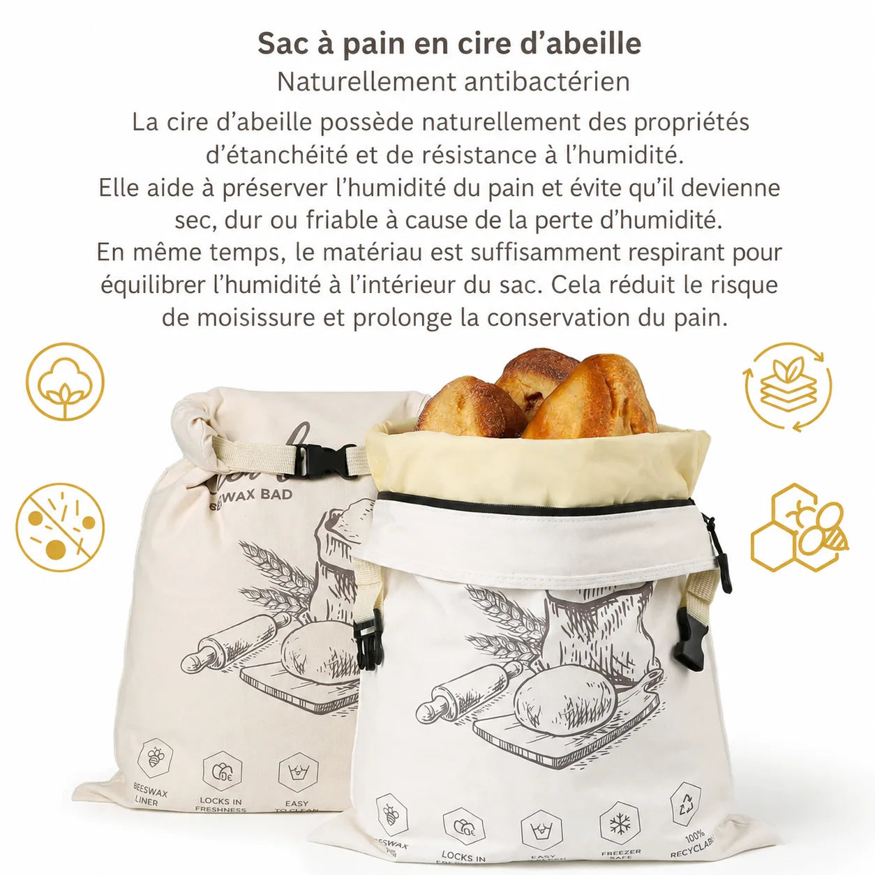 Sac à pain en cire d'abeille écologique – 100 % coton
