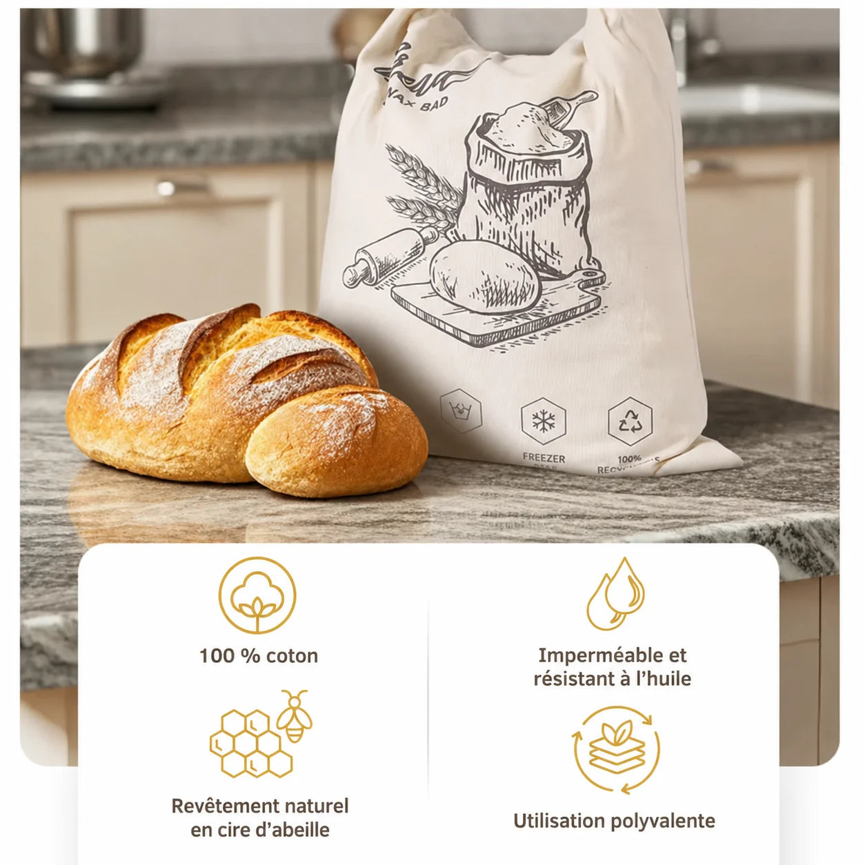 Sac à pain en cire d'abeille écologique – 100 % coton