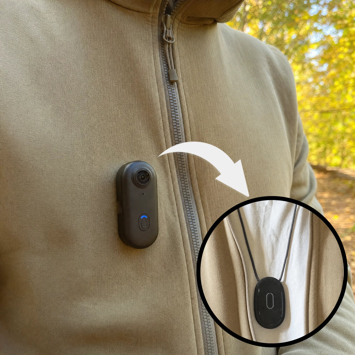 Klipsa PRO clipsée sur une veste grâce au collier magnétique